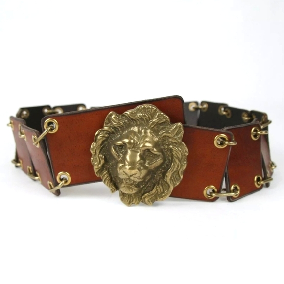 NWT SAINT LAURENT Lion Buckle Brown Leather and Chain Link Belt, Vintage Style! - Picture 2 of 8